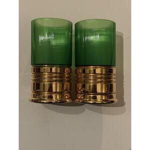 2 Imperial Glass Sure Shot Green Gold Shotgun Shell Glass Tumblers Barware READ